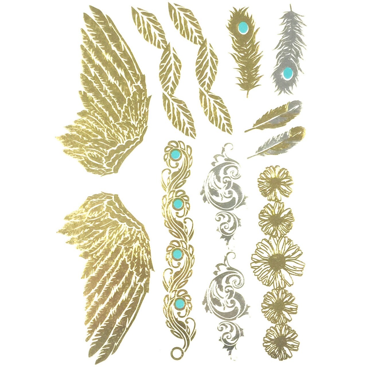 Wrapables Celebrity Inspired Temporary Tattoos in Metallic Gold Silver and Black, Angel Wings_1, Large
